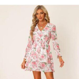 Allegra K Floral Dress V Neck Smocked Waist Chiffon Ruffle
